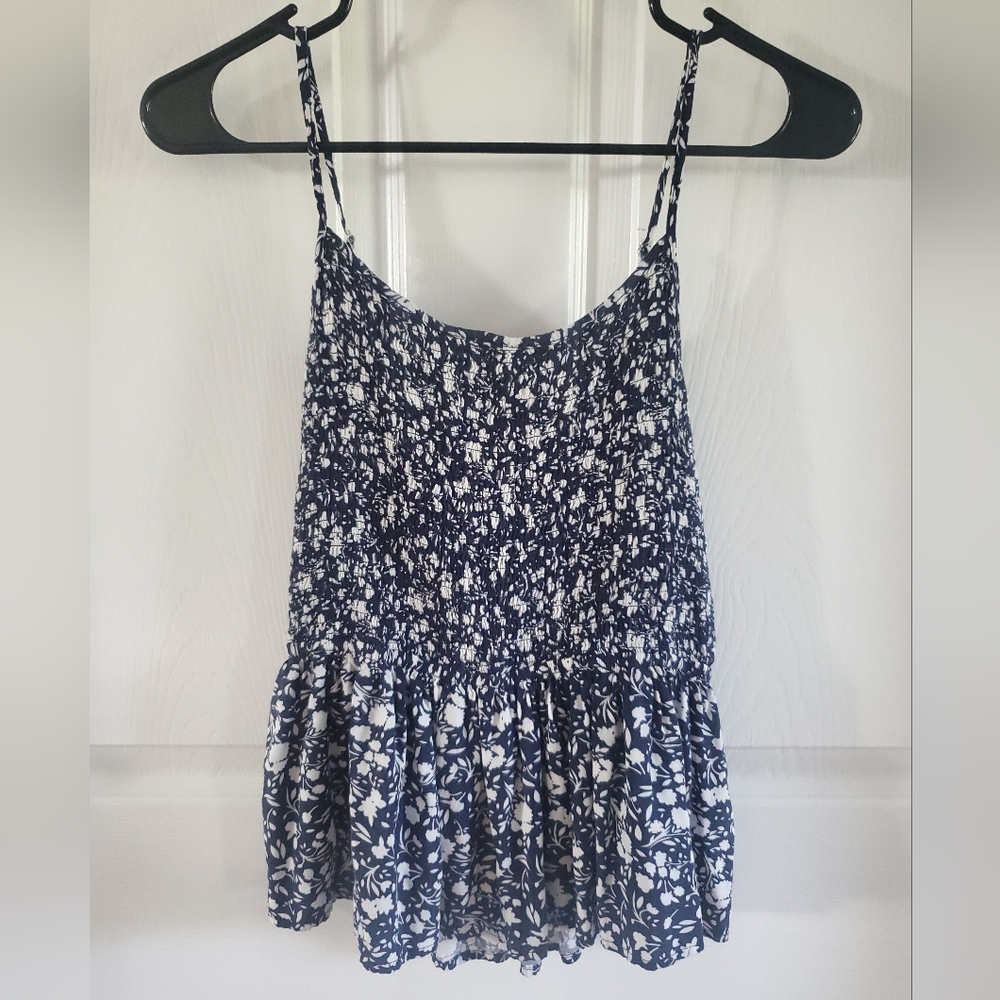 Floral Print Navy and White Women's Spaghetti Strap Scrunch/Flowy Top #MP - Picture 3 of 8